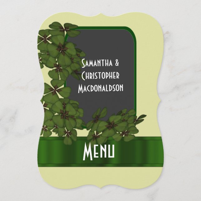 Irish green, cream and shamrock wedding menu (Front)