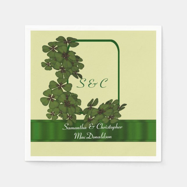 Irish green, cream and shamrock wedding paper napkins (Front)