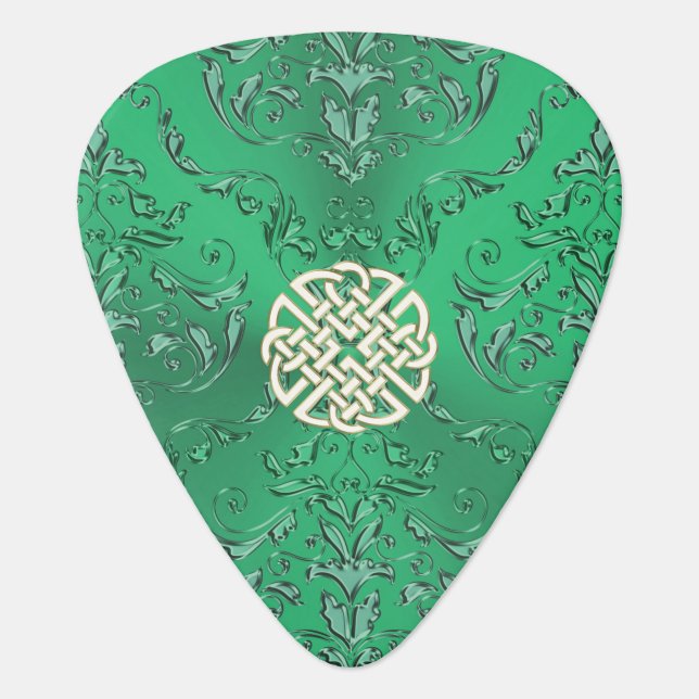 Irish Green Damask With White Gold  Celtic Knot Guitar Pick (Front)