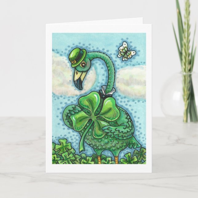 IRISH GREEN FLAMINGO CUTE HAPPY ST. PATRICK'S DAY HOLIDAY CARD (Front)