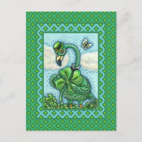 IRISH GREEN FLAMINGO, CUTE HAPPY ST. PATRICK'S DAY HOLIDAY POSTCARD