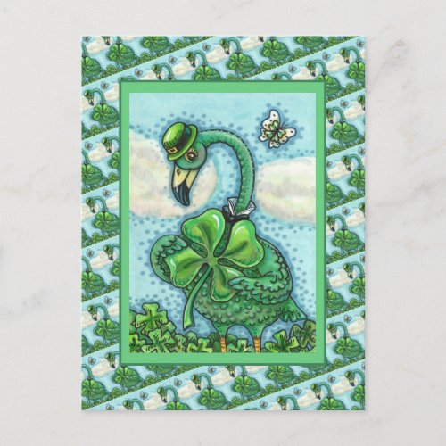 IRISH GREEN FLAMINGO, CUTE HAPPY ST. PATRICK'S DAY HOLIDAY POSTCARD