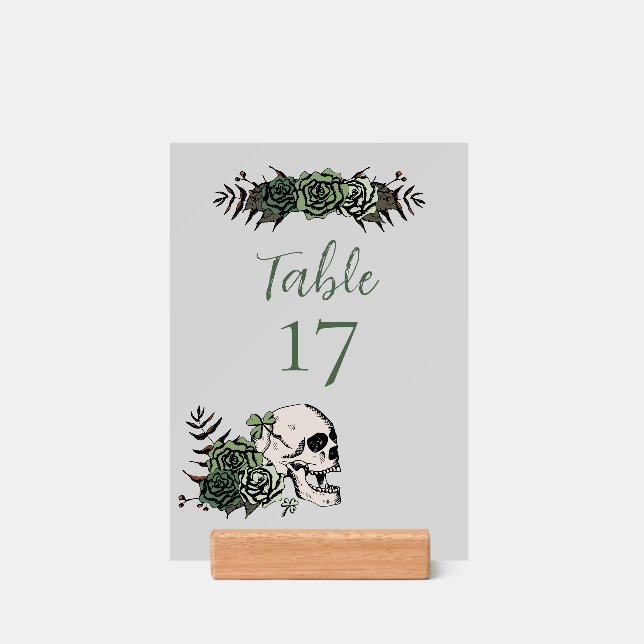 Irish Green Floral Skull Wedding Table Number Card Holder (Woodblock)