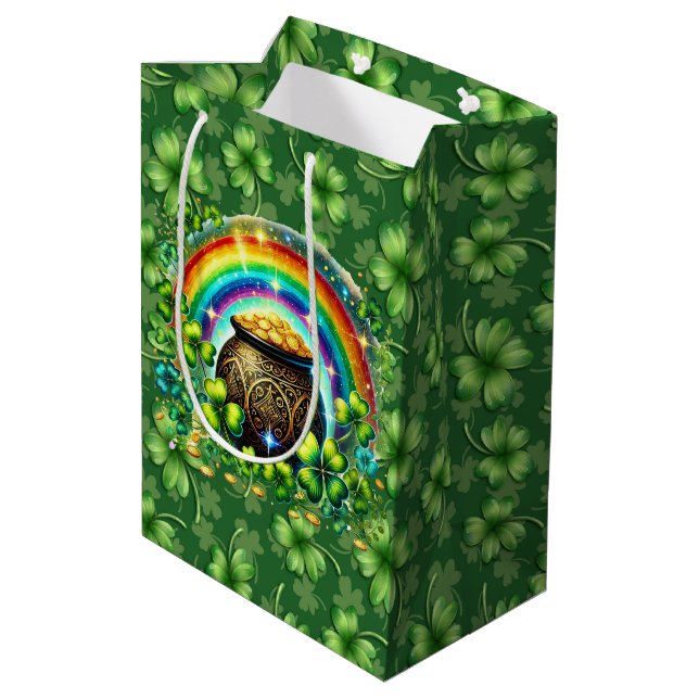 Irish Green Four Leaf Clover Medium Gift Bag (Back Angled)
