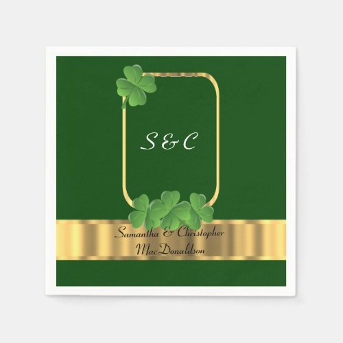 Irish green gold and shamrock wedding paper napkins