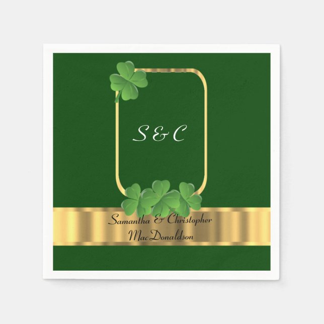 Irish green, gold and shamrock wedding paper napkins (Front)