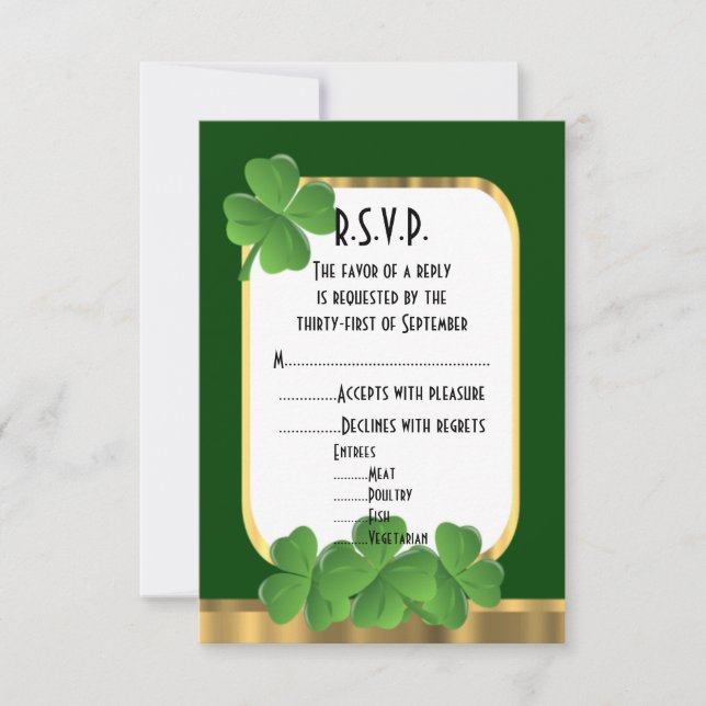Irish green, gold shamrock wedding R.S.V.P RSVP Card (Front)