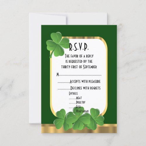 Irish green gold shamrock wedding RSVP RSVP Card