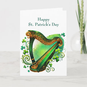 Irish Green Harp Shamrocks Illustration Holiday Card