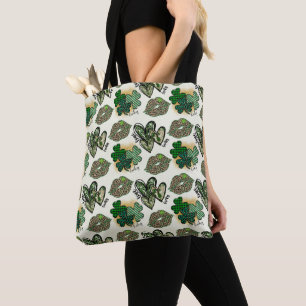 IRISH GREEN LEOPARD PRINT HEARTS & LIPS TOTE BAG