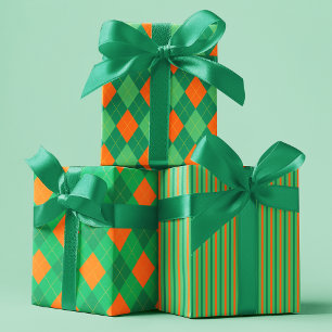 Irish Green & Orange St. Patrick's Day Patterns Wrapping Paper Sheets