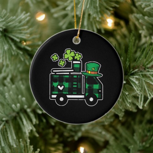 Irish Green Plaid Firefighter Truck St Patricks Ceramic Ornament