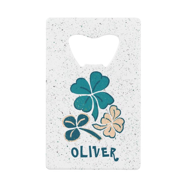 Irish Green Shamrock Clover Personalized Credit Card Bottle Opener (Front)