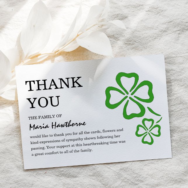 Irish Green Shamrock Clover Sympathy Thank You Card (Creator Uploaded)