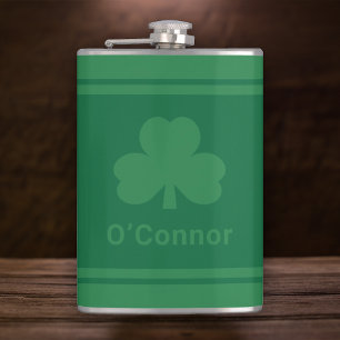 Irish Green Shamrock Custom Last Name Flask