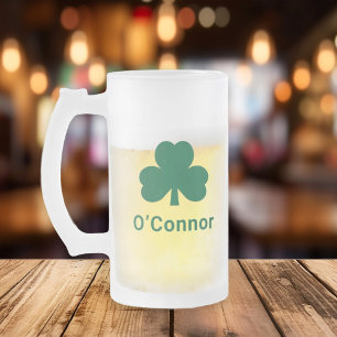Irish Green Shamrock Custom Last Name Frosted Glass Beer Mug