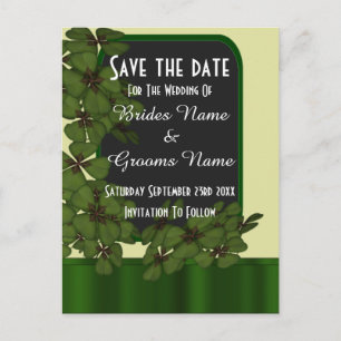Irish green shamrock save the date announcement postcard