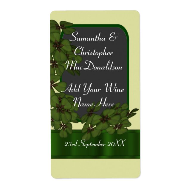 Irish green shamrock wedding wine bottle label (Front)