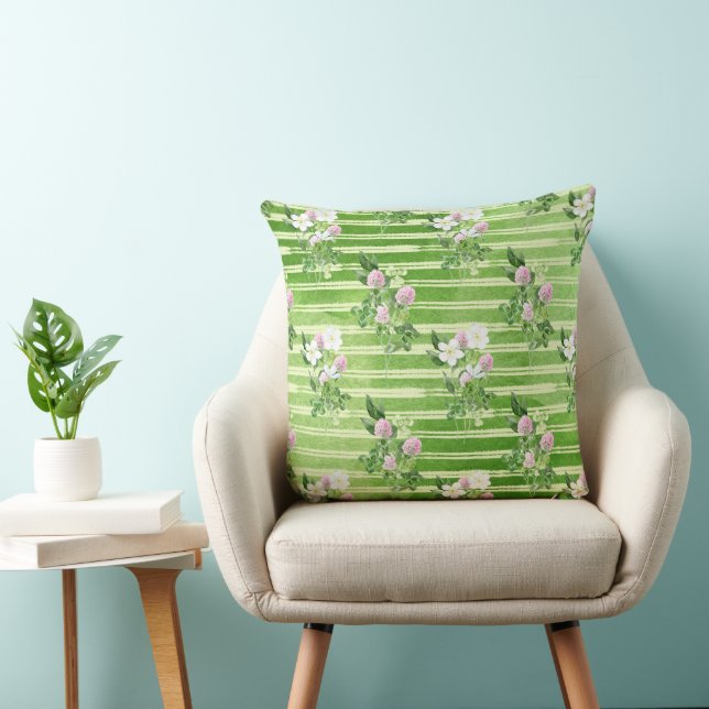 IRISH GREEN SHAMROCKS AND TINY PINK FLOWERS THROW PILLOW (Chair)