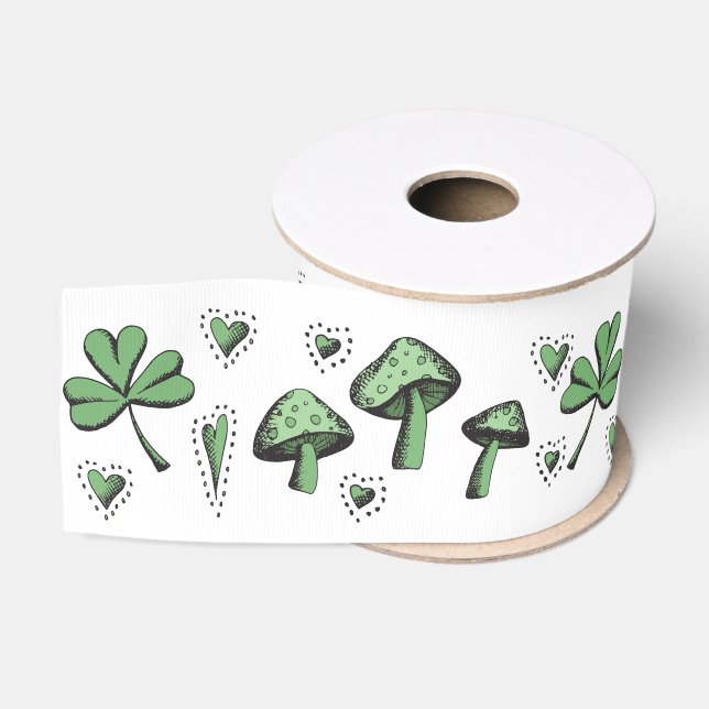 Irish Green Shamrocks Hearts and Mushrooms 3" Grosgrain Ribbon (Spool)