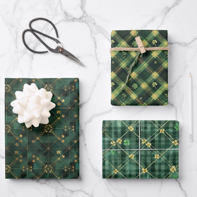 Irish Green St. Patrick Tartan Plaid set 1 Wrapping Paper Sheets (Front)
