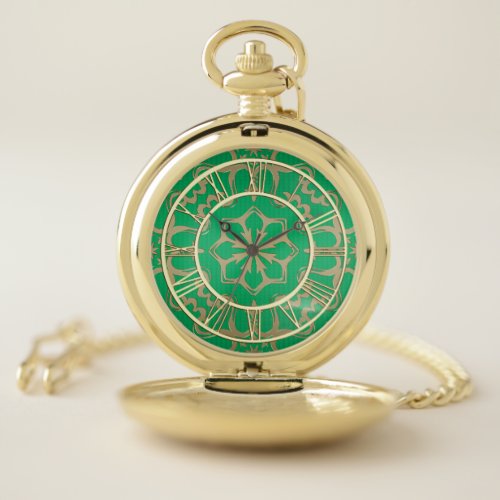 Irish Green Tribal Damask Mandala Pocket Watch