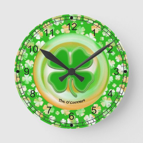 Irish GreenWhiteOrange Shamrock Pattern Round Clock