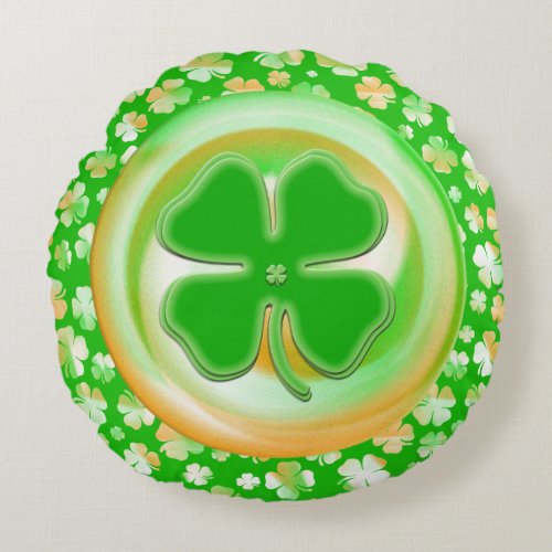 Irish GreenWhiteOrange Shamrocks Pattern Round Pillow