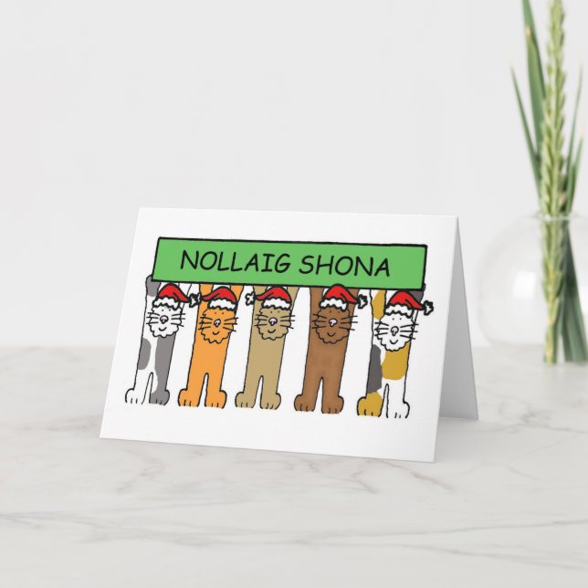 Irish Happy Christmas Cartoon Cats Holiday Card (Front)