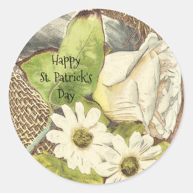 Irish Happy St. Patrick's Day White Flowers Classic Round Sticker (Front)