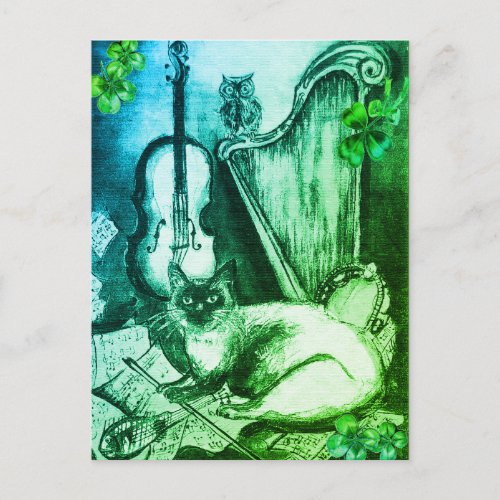 Irish Harp and StPatricks Day Cat Making Music Postcard