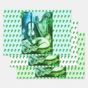 Irish Harp and St.Patrick's Day Cat Making Music Wrapping Paper Sheets