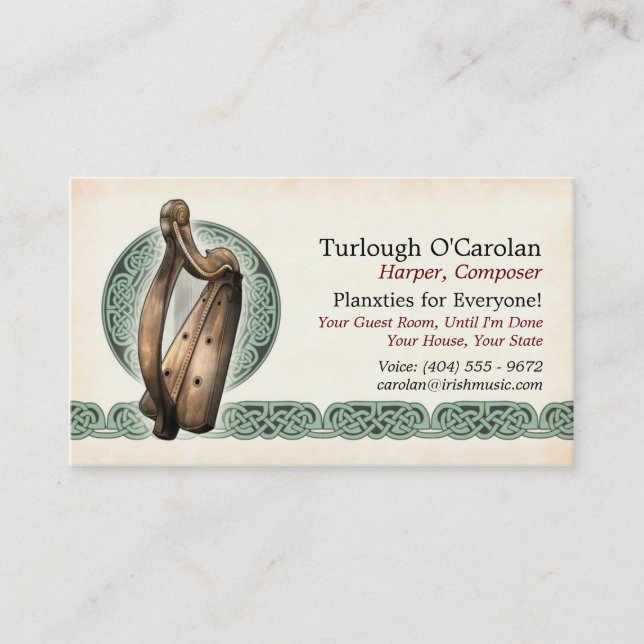 Irish Harp Business Cards, Style 1, Horizontal Business Card (Front)