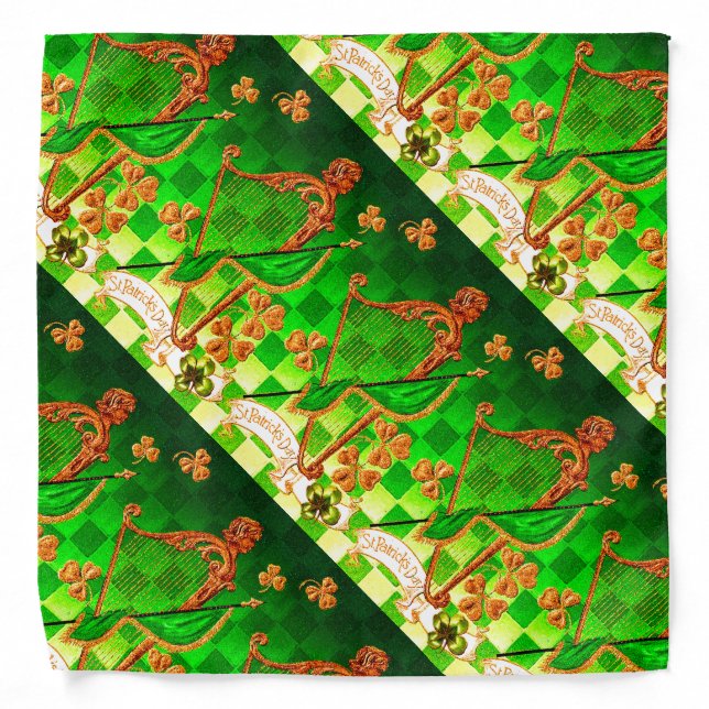 IRISH HARP, GREEN GOLD SHAMROCKS St Patrick's Day Bandana (Front)