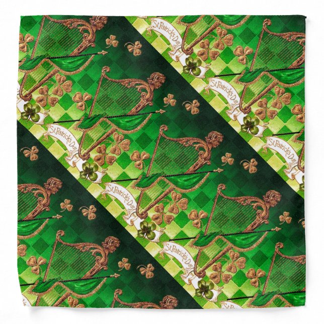 IRISH HARP, GREEN GOLD SHAMROCKS St Patrick's Day Bandana (Front)