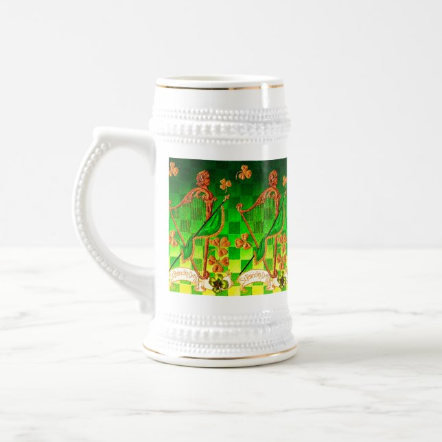 IRISH HARP, GREEN GOLD SHAMROCKS St Patrick's Day Beer Stein (Left)