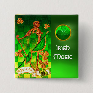 IRISH HARP, GREEN GOLD SHAMROCKS St Patrick's Day Button