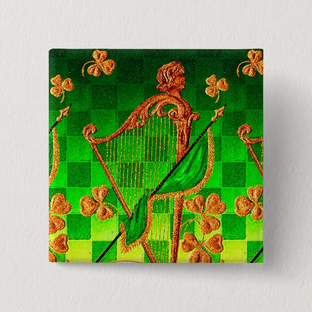 IRISH HARP, GREEN GOLD SHAMROCKS St Patrick's Day Button (Front)