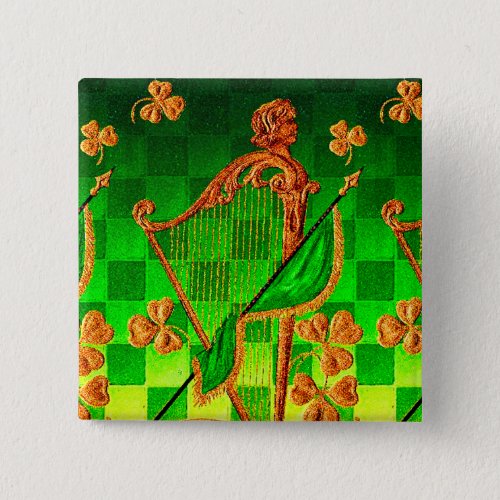 IRISH HARP GREEN GOLD SHAMROCKS St Patricks Day Button