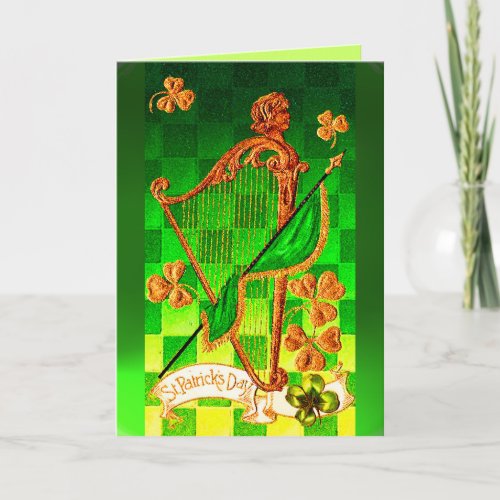 IRISH HARP GREEN GOLD SHAMROCKS St Patricks Day Card