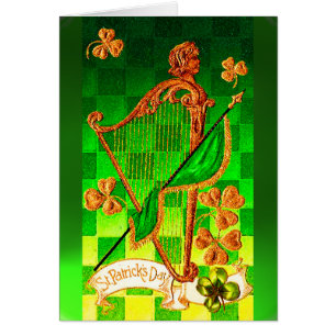 IRISH HARP, GREEN GOLD SHAMROCKS St Patrick's Day Cards
