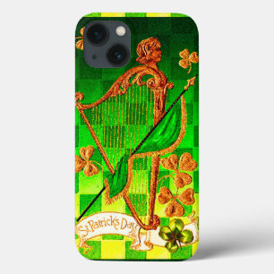 IRISH HARP, GREEN GOLD SHAMROCKS St Patrick's Day iPhone 13 Case