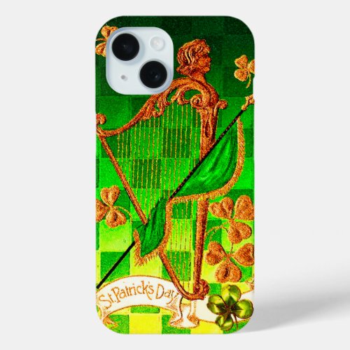 IRISH HARP GREEN GOLD SHAMROCKS St Patricks Day iPhone 15 Case