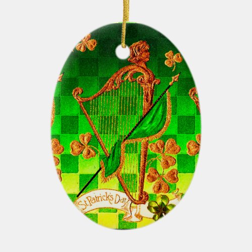 IRISH HARP GREEN GOLD SHAMROCKS St Patricks Day Ceramic Ornament