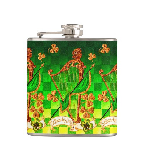 IRISH HARP GREEN GOLD SHAMROCKS St Patricks Day Hip Flask