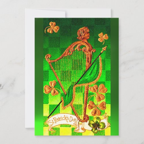 IRISH HARP GREEN GOLD SHAMROCKS St Patricks Day Invitation