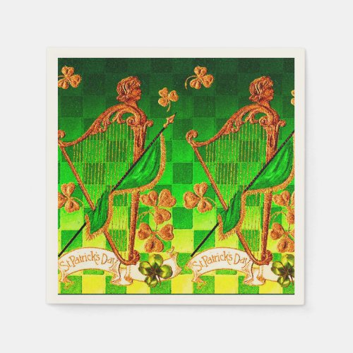 IRISH HARP GREEN GOLD SHAMROCKS St Patricks Day Paper Napkins