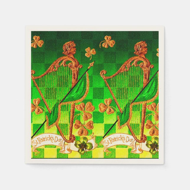 IRISH HARP, GREEN GOLD SHAMROCKS St Patrick's Day Paper Napkins (Front)