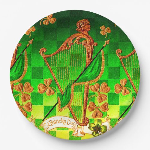 IRISH HARP GREEN GOLD SHAMROCKS St Patricks Day Paper Plates