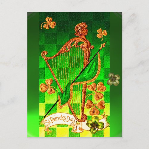 IRISH HARP GREEN GOLD SHAMROCKS St Patricks Day Postcard